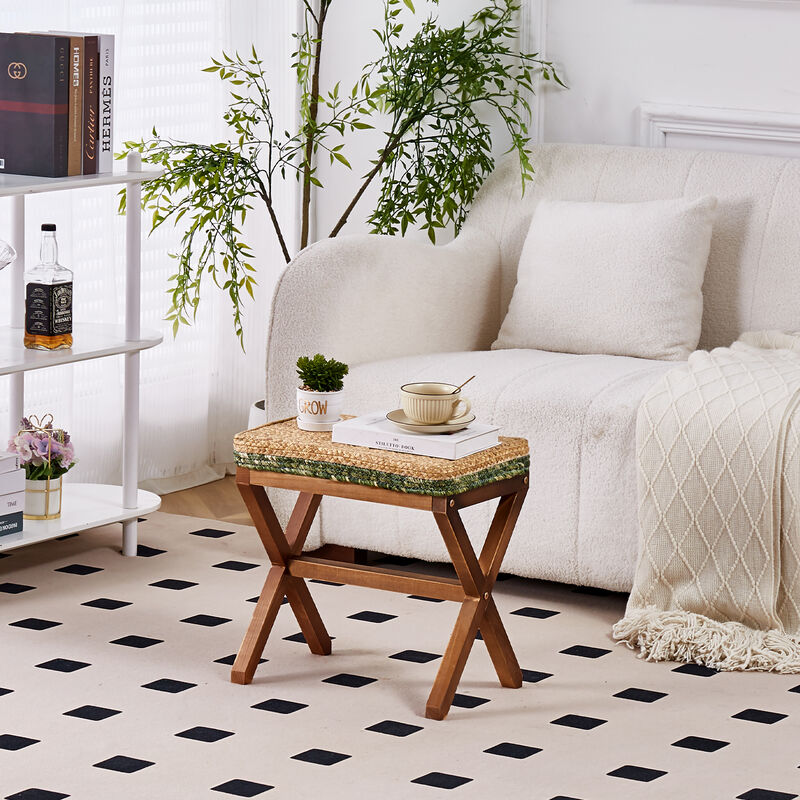 Handwoven Seagrass Ottoman, Rectangular Footrest with Sturdy X Wooden Legs For Living Room