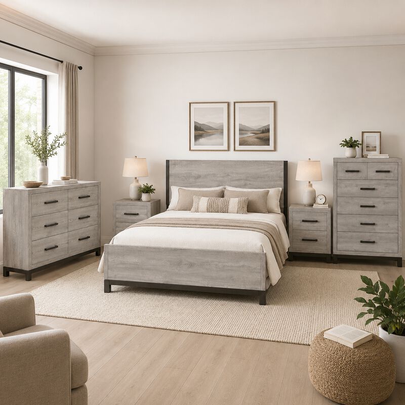 Queen Bedroom Set, Gray Wood, 5 Piece Set with 2 Nightstands, Dresser, and Chest image number 1
