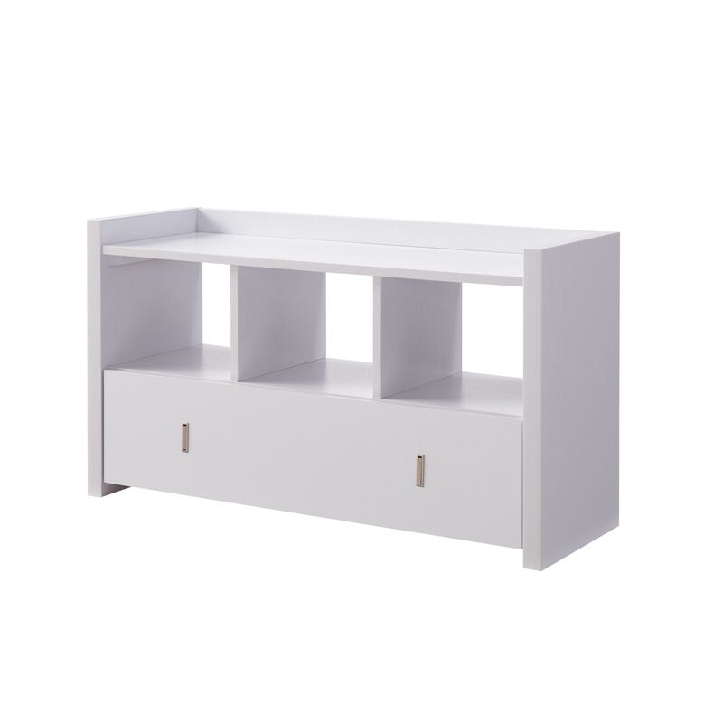 Beak Shoe Bench, 3 Open Shelves 1 Drawer, 34 Inch Classic White Finish - Benzara