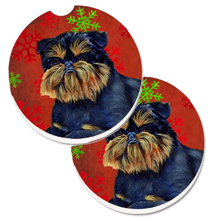 Caroline's Treasures Brussels Griffon Red & green Snowflakes Holiday Christmas Set of 2 Cup Holder Car Coasters LH9343CARC, 2.56, Multicolor