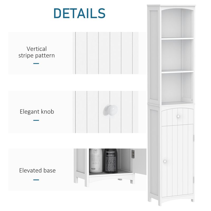 Slim Bathroom Storage Cabinet, Freestanding Linen Cabinet with Knob, Stripe Pattern and 3 Open Shelves, 1 Drawer, Bath Room Cabinet, White