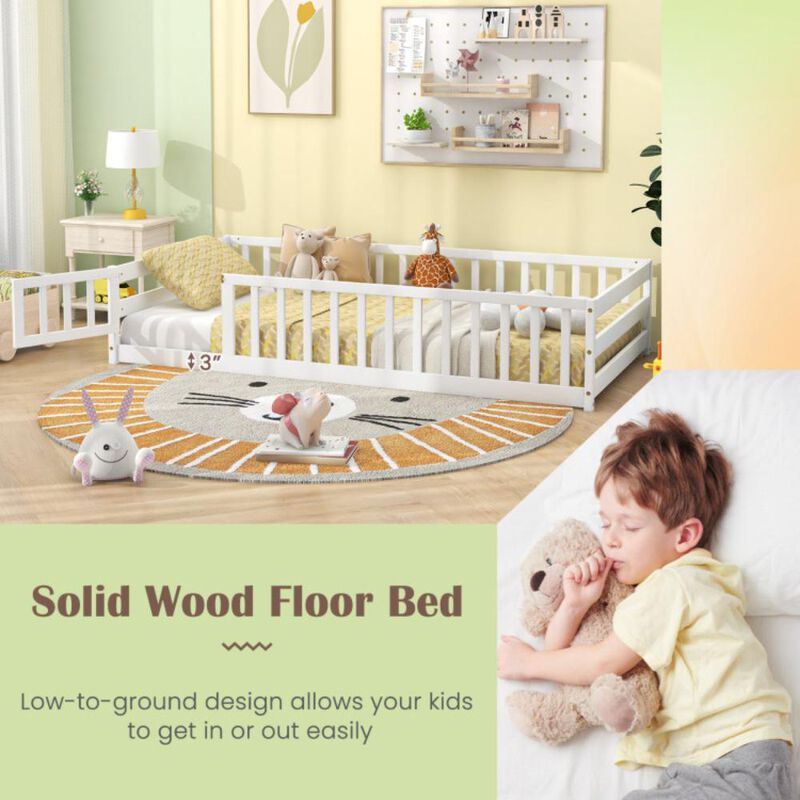 Hivvago Twin Size Kids Wood Montessori Floor Bed with Door and Fence