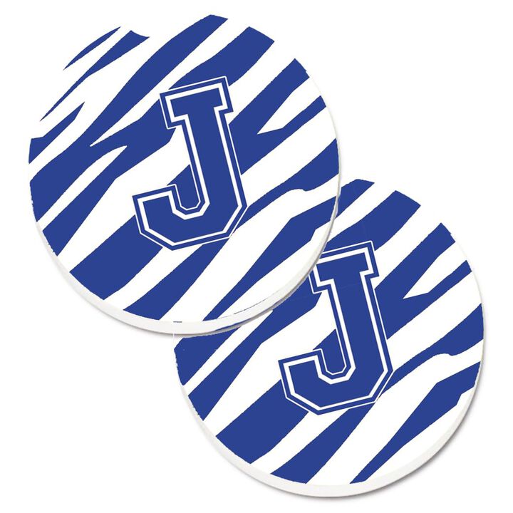 Caroline's Treasures Monogram Initial J Tiger Stripe Blue & White Set of 2 Cup Holder Car Coasters CJ1034-JCARC, 2.56, Multicolor