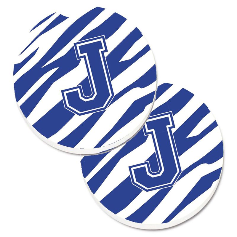 Caroline's Treasures Monogram Initial J Tiger Stripe Blue & White Set of 2 Cup Holder Car Coasters CJ1034-JCARC, 2.56, Multicolor