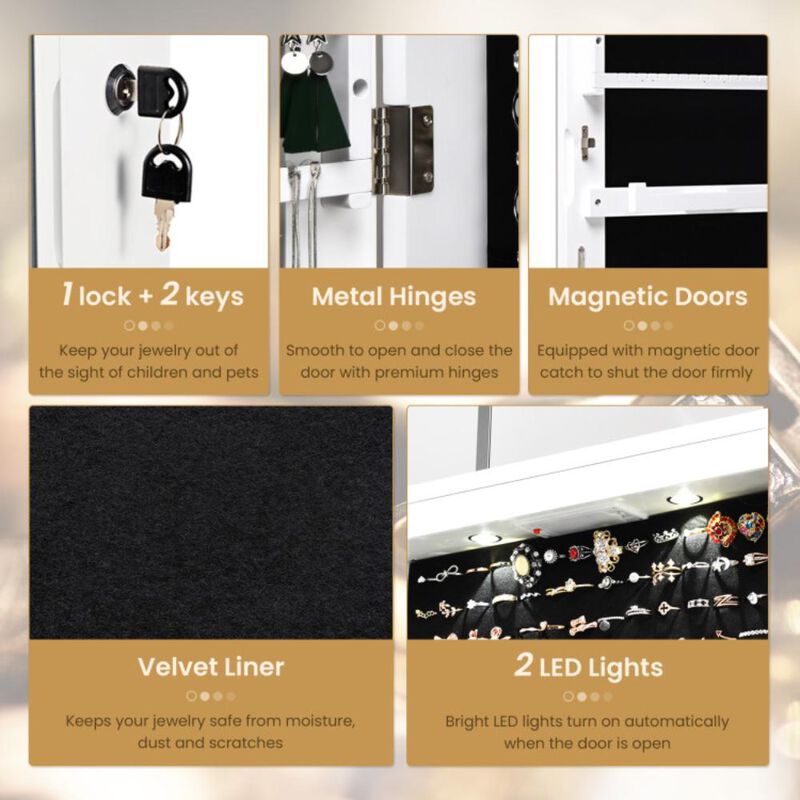 Hivvago Wall and Door Mounted Mirrored Jewelry Cabinet with Lights