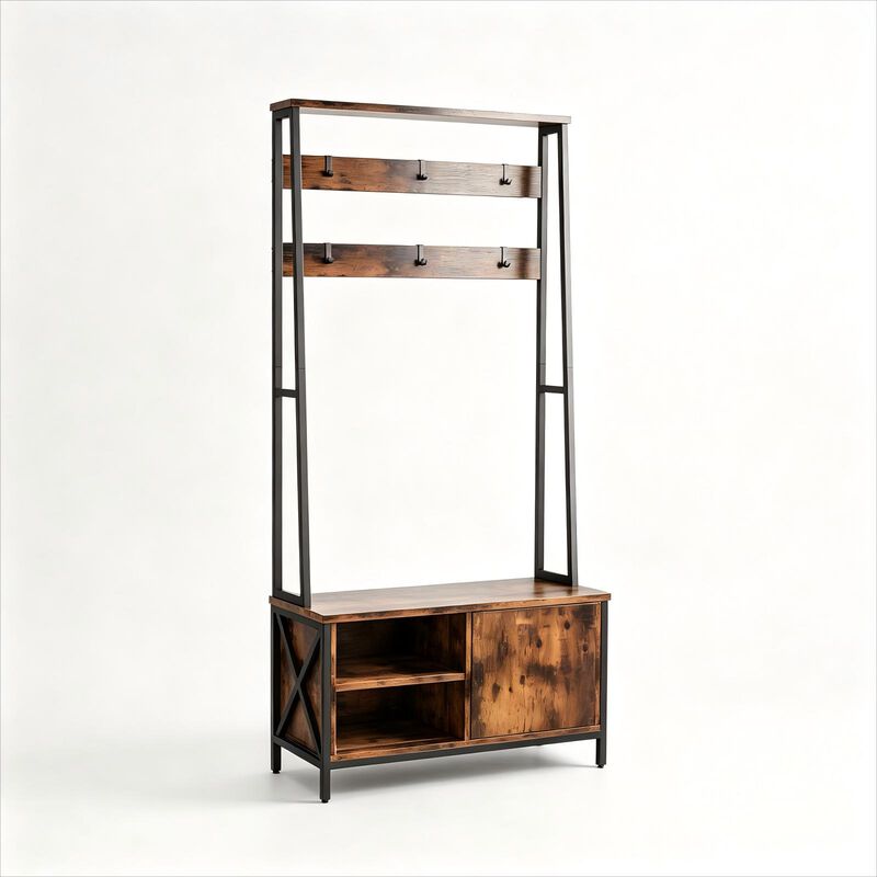 Coat Rack, Hall Tree with Bench and Shoe Storage, 31.5&rdquo; Steel Frame Entryway Bench Large 6 Hooks, 31.5" x 15.8" x 71" image number 0