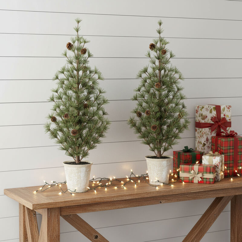 HomeRoots Set of Two 32" Mini Artificial Pine Trees With Pinecones In Rustic Brown Pots image number 1