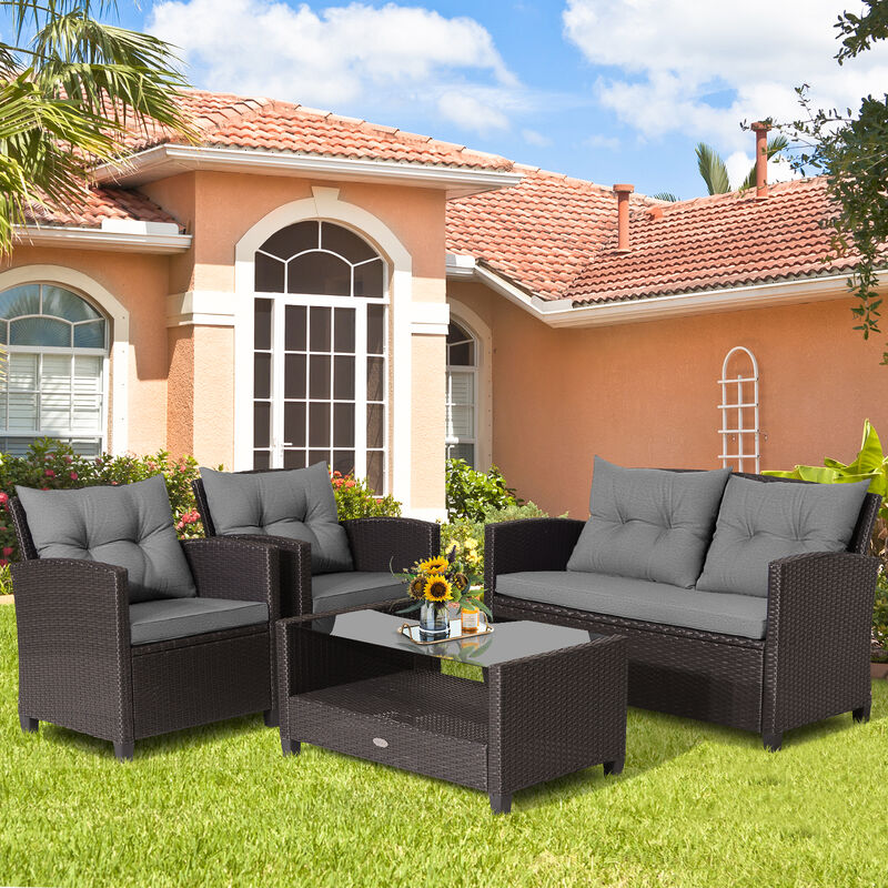Outdoor 4-Piece Rattan Patio Furniture Set with Glass Coffee Table