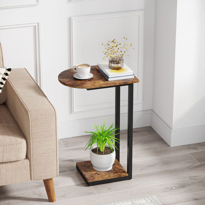 Hosfais Side Table Small End Table: C-Shaped Wood Sofa Table with Metal Frame for Living Room, Bedroom, Small Spaces (Rustic Bro
