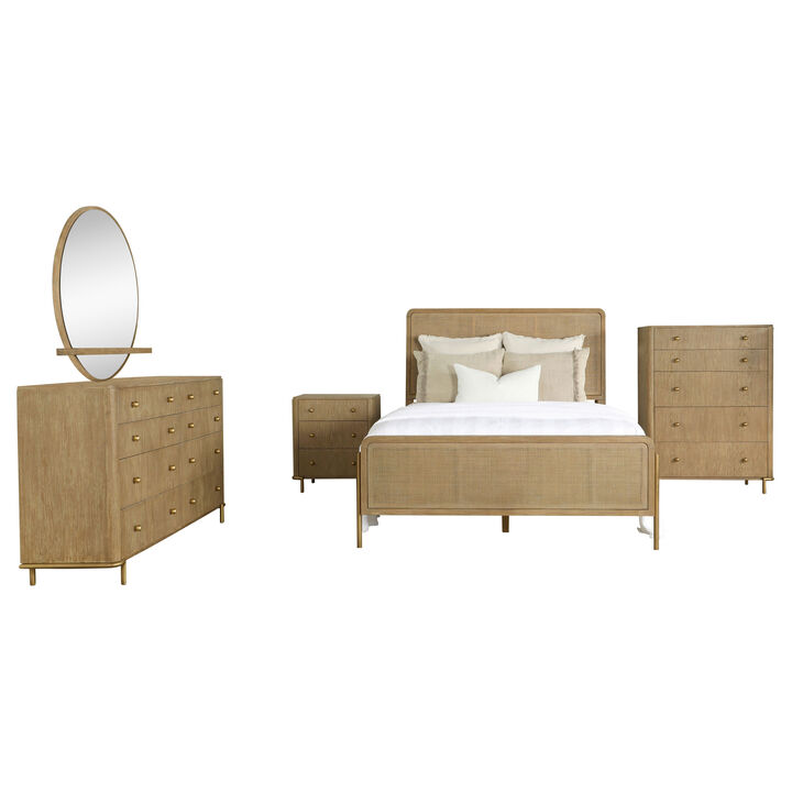 Fij 5pc Queen Bedroom Set w Round Dresser Mirror, Sand Brown, Rattan