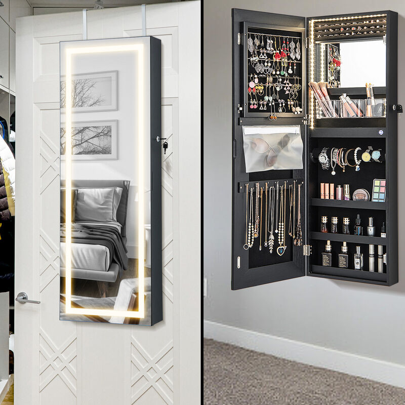 42.5 Inches Lockable Jewelry Mirror Wall Cabinet with 3-Color LED Lights-Black