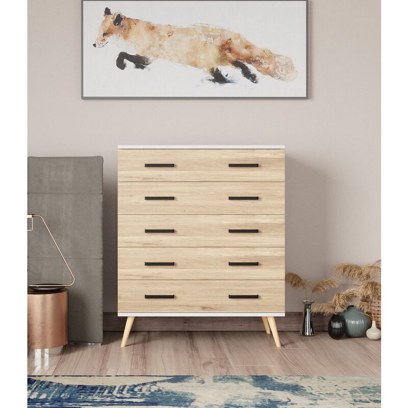 Eli Mid-Century Modern 5 Drawer Chest in Dark Gray & Natural Oak Color
