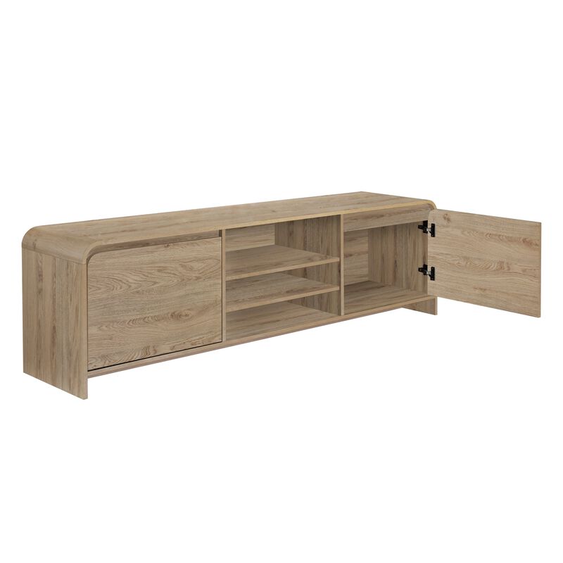 Maria TV Stand Media Cabinet, 2 Drawer and Shelves, Beige Wood 71 Inch - Benzara