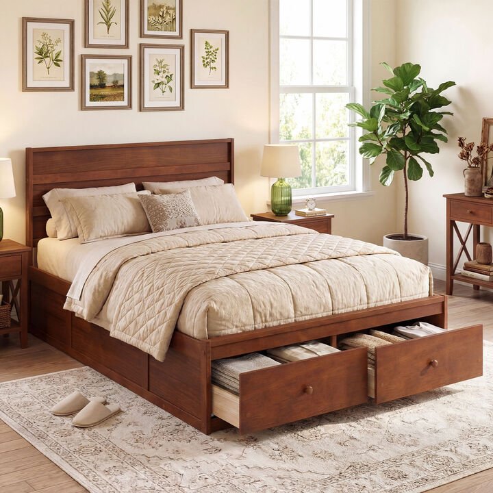 Full Wood Platform Bed Frame with Built-In Storage Drawers