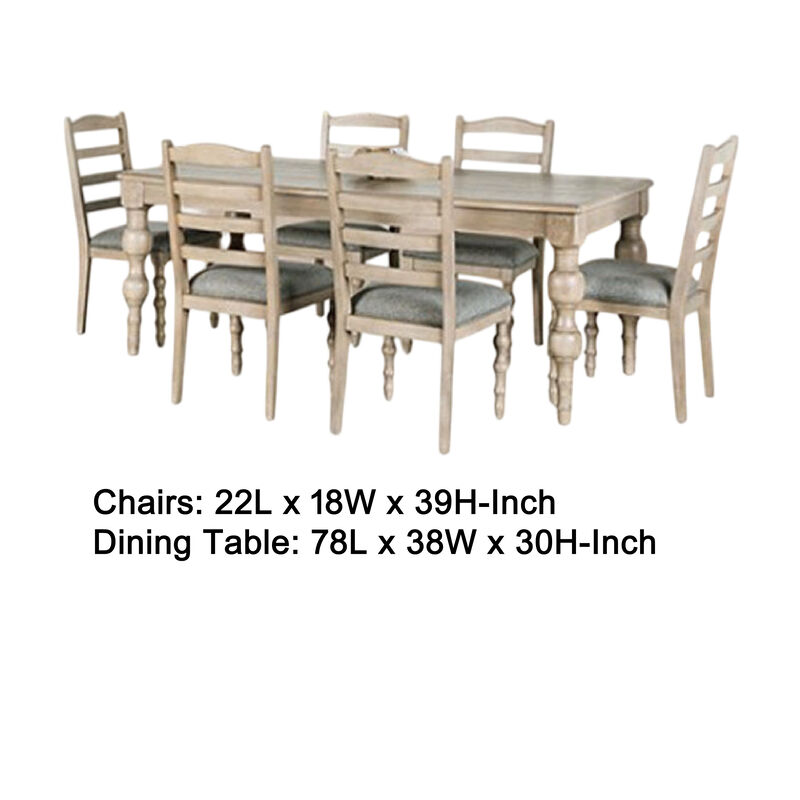 Cherie 7pc Dining Table Set, Turned Legs, 6 Fabric Chairs, Light Brown - Benzara