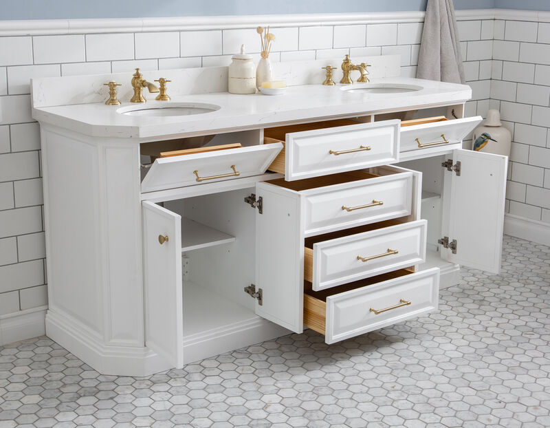 Palace 72 In. Double Sink Carrara Quartz Countertop Bath Vanity in Pure White with Satin Gold Hardware