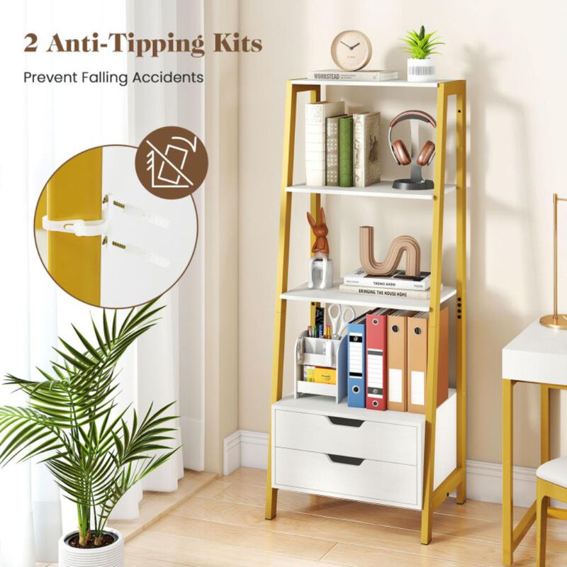 Hivvago 4-Tier Ladder Shelf with 2 Drawers Tall Freestanding Bookcase