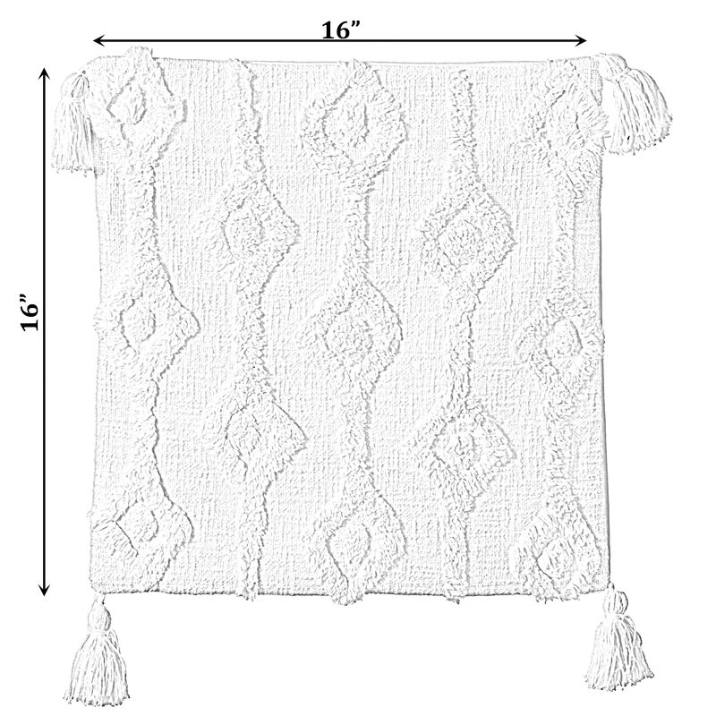 16" Handwoven Cotton Throw Pillow Cover with Small White Tufted Diamond Pattern and Tassel Corners with Filler, White