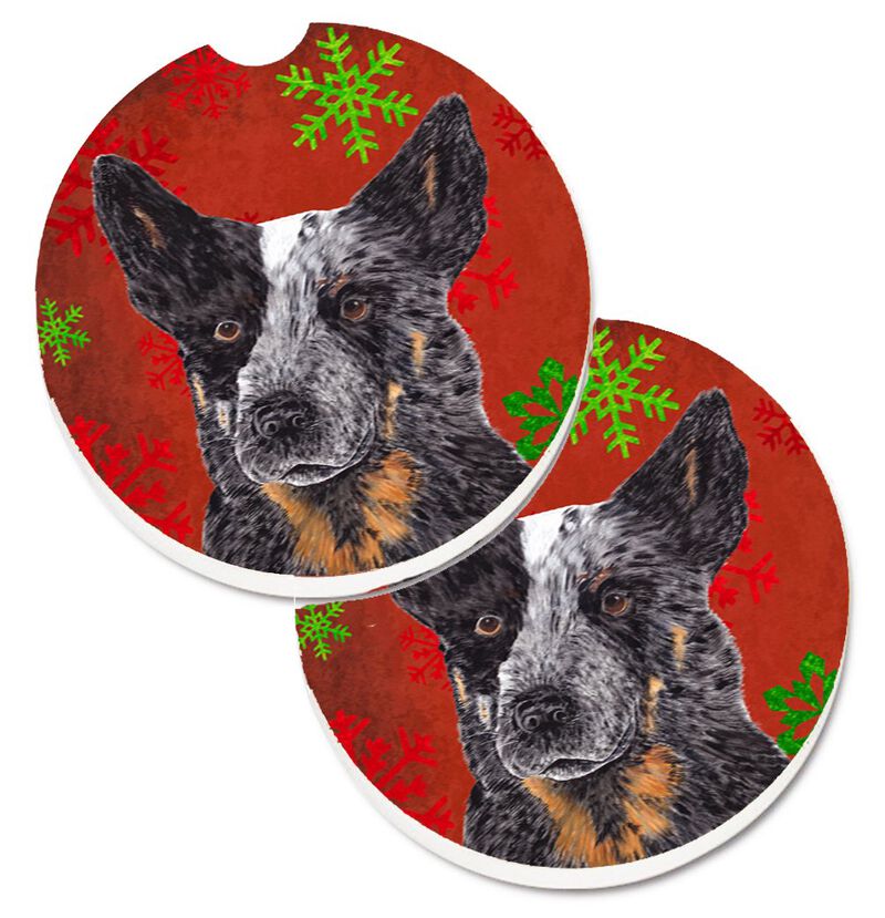 Caroline's Treasures Australian Cattle Dog Red green Snowflakes Christmas Set of 2 Cup Holder Car Coasters SC9436CARC, 2.56, Multicolor image number 0
