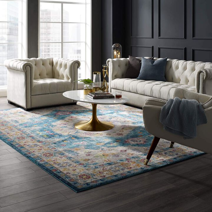 Modway Success Anisah Distressed Floral Vintage 8x10 Area Rug in Blue, Ivory, Yellow, Orange