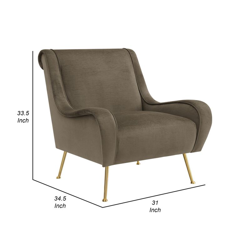 Rik 31 Inch Accent Armchair, Metal Legs, Velvet, Truffle Brown and Gold