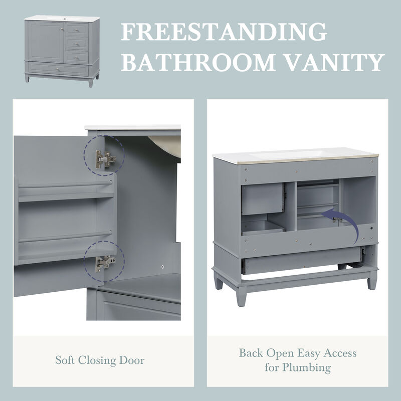 Merax Freestanding White Bathroom Vanity with Integrated Ceramic Sink