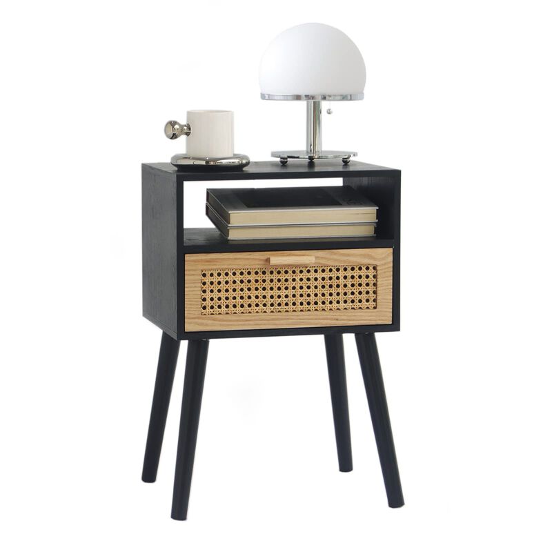 MaxSmeo End Table with Storage Mid Century Nightstand with Rattan Drawer and Shelf, Wood Small Side Coffee Table for Small Space