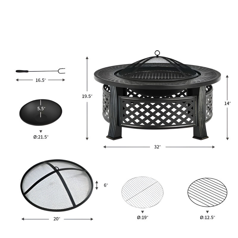 Multifunction Rustic Steel Fire Pit with BBQ Grill and Safety Mesh Cover