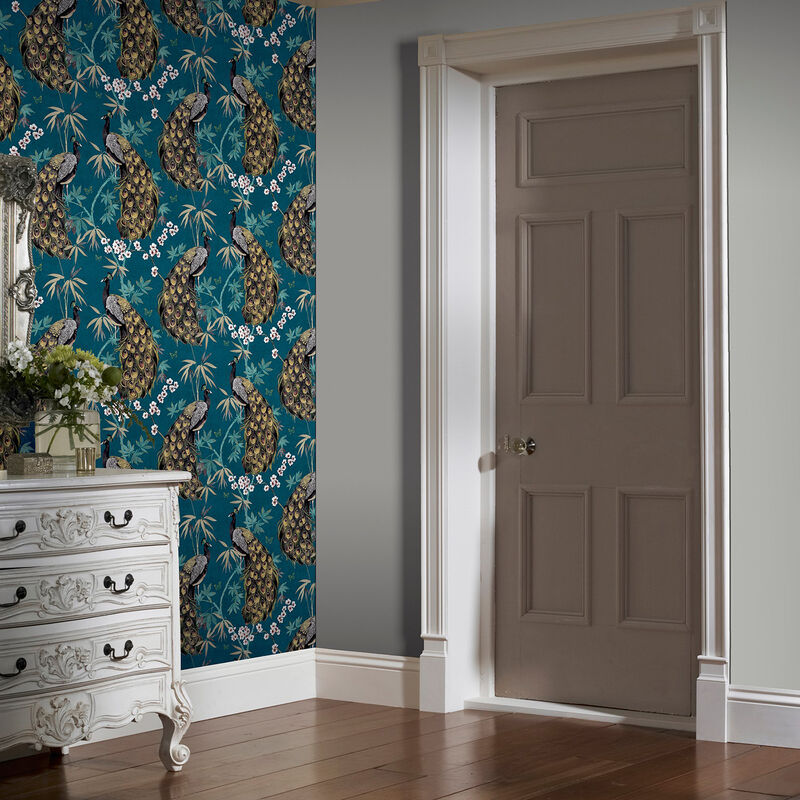 Takara Teal Opulent Peacock Wallpaper image number 4