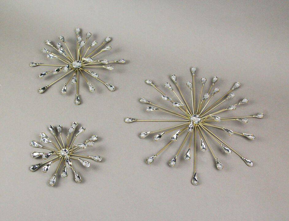 Set of 6 Gold Finish Crystal Jeweled Rhinestone Starburst Metal Wall Hangings
