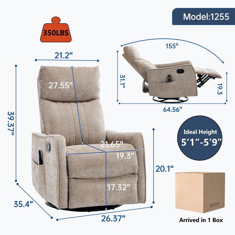 Chenille Manual Recliner Chair with Heat and Massage, Living Room Rocker and Swivel Chair image number 2