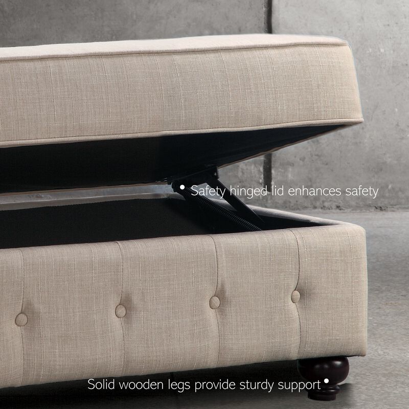 Classic Button-Tufted Linen Ottoman with Vintage Wooden Legs
