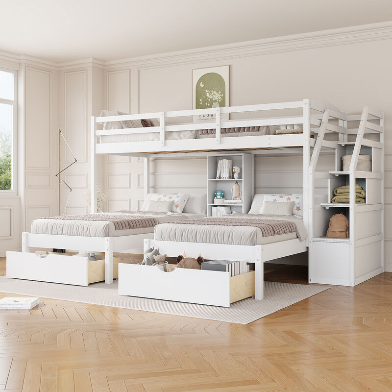 Whisen Twin over Twin Bunk Bed with Drawers, Slide & Shelves, Solid Pine for Kids Bedroom image number 4