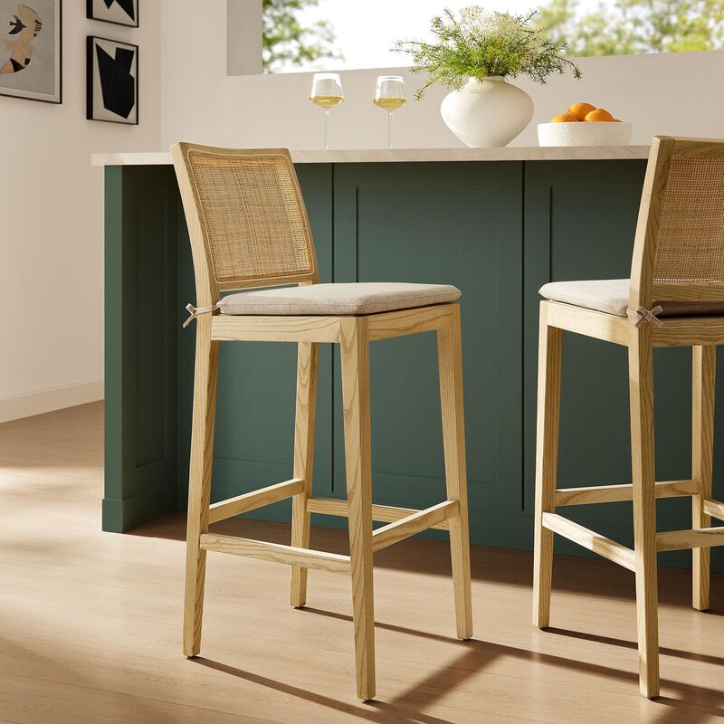 Modway Ovard Wood Bar Stool in Natural with Rattan Back &ndash; Natural Rattan Armless Bar Chair with Removable Padded Seat &ndash; Solid Wood and Fabric Bar-Height Stool image number 1