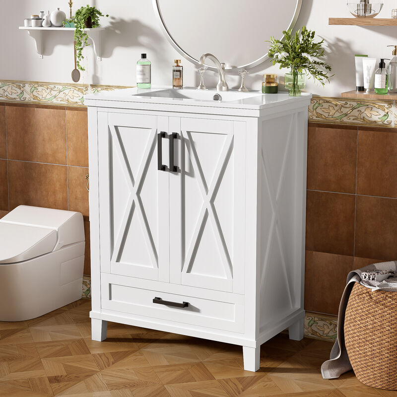 Whisen 24-inch Bathroom Vanity with Single Sink, Solid Wood Frame + MDF, 2 Soft-Close Doors, 1 Divided Drawer, Dual Storage Shelves