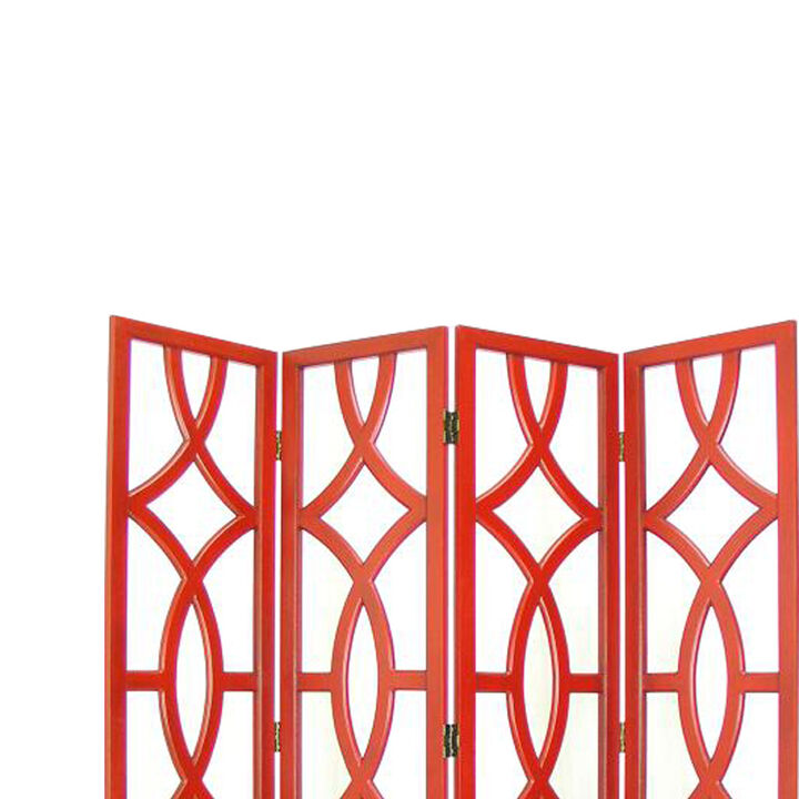Wooden 4 Panel Room Divider with Open Geometric Design, Red - Benzara