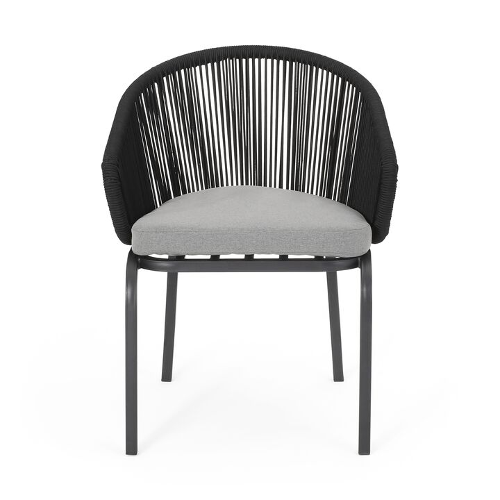 Candy Outdoor Dining Chair Set of 2, Gray Fabric, Black Metal, Woven Rope - Benzara