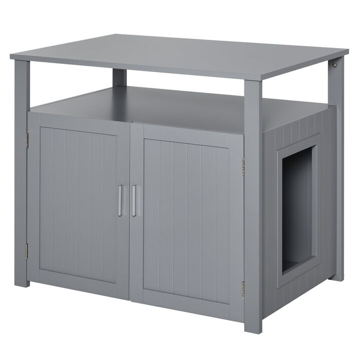 Wooden Cat Litter Box Enclosure Furniture with Adjustable Interior Wall & Large Tabletop for Nightstand  Grey