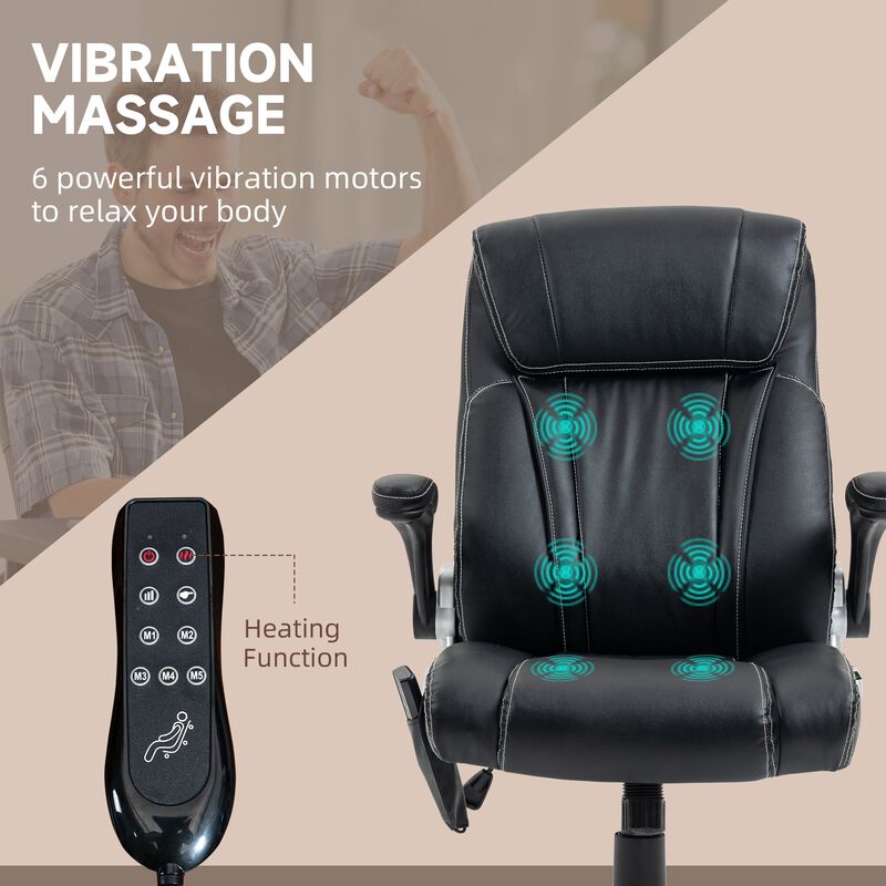 Heated Massage Office Chair with 6 Vibration Points, Heated Faux Leather Computer Chair with Flip-up Armrest, Adjustable Height, Black