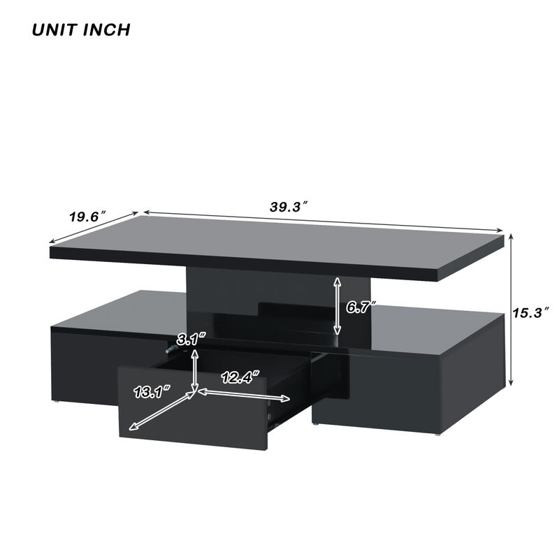Modern Glossy Coffee Table with Drawer, 2-Tier Rectangle Center Table