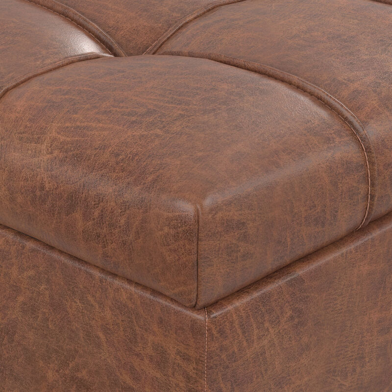 Mariah 34 inch Wide Contemporary Rectangle Coffee Table Storage Ottoman in Distressed Saddle Brown  Vegan Faux Leather, Assembled image number 8