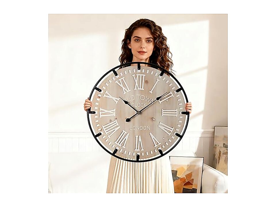 Farmhouse 24 Inch Extra Large Decor Wall Clock Metal Circle Oversized Wood Roman