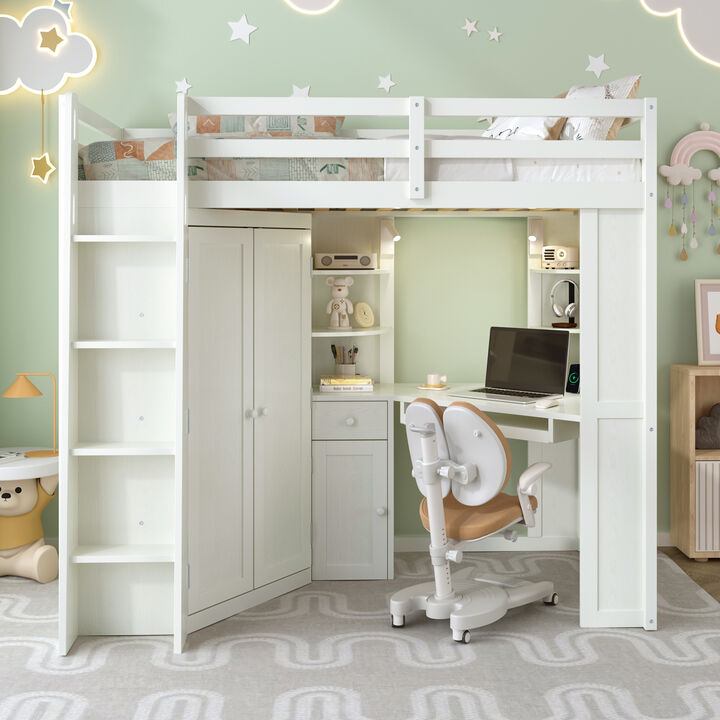 Merax Twin Size Loft Bed with Large Wardrobe, Workstation & Charging Station
