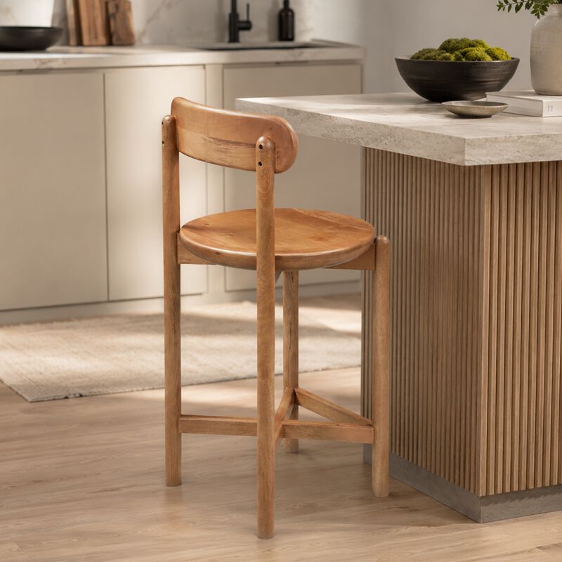 Maona Counter Stool Chair with Round Seat, Curved Open Back, Natural Brown Mango Wood image number 6