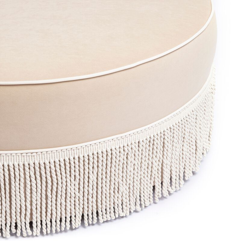 Tassy Neutral Floral Tasseled Round Ottoman image number 3