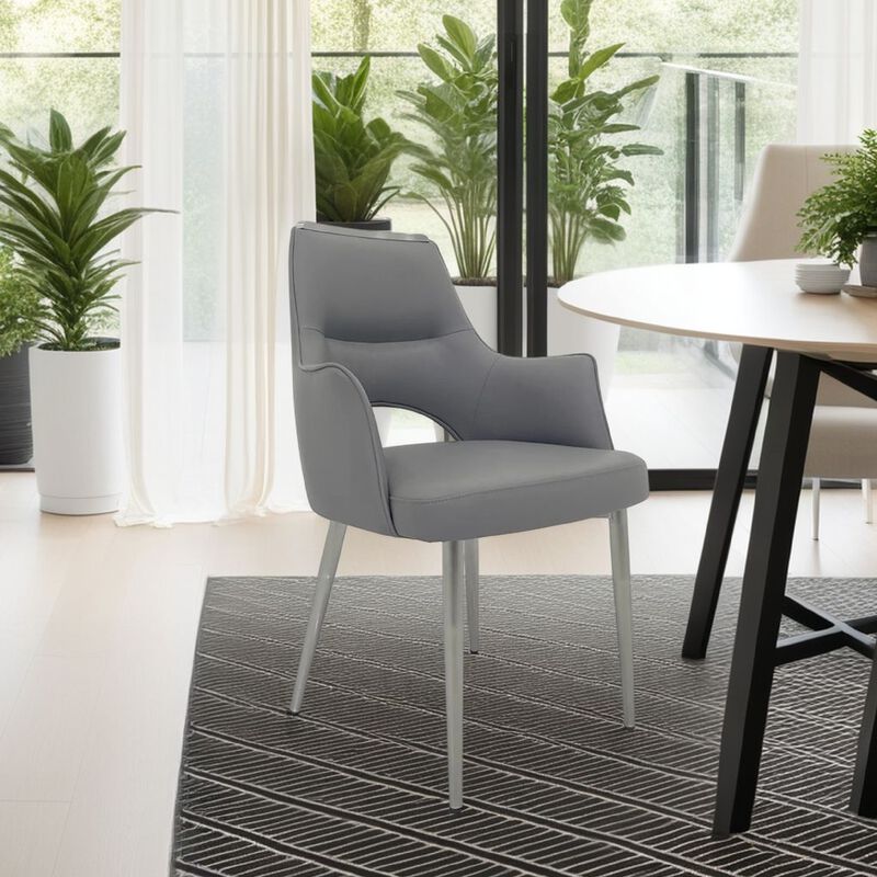 Dining Chair Set of 2, Open Back, Padded Gray Faux Leather, Chrome