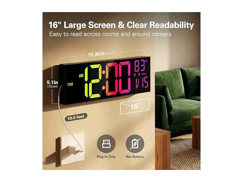 Digital Mount Count Down Timer Alarm Wall Clock 16 Inch Black Living Room Decor