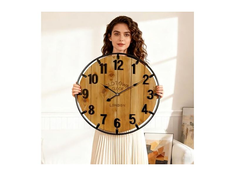 Farmhouse Metal Circle Wood Bedrooms Wall Clock 24 Inch Silent Battery Operated image number 1