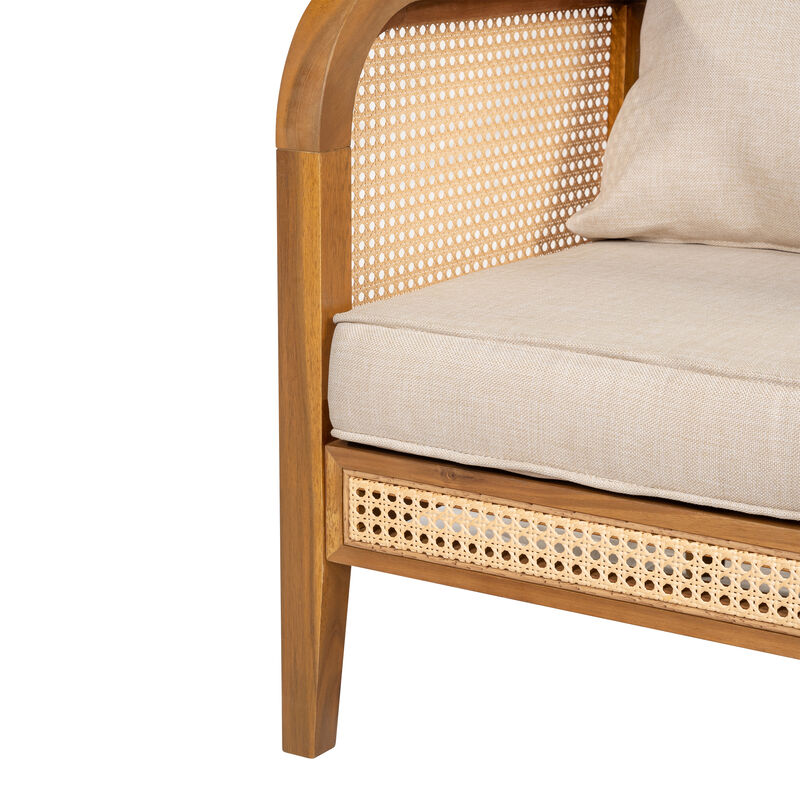 Christopher Knight Home Andrew 56" Patio Rustic Acacia Wood Upholstered Sofa with Rattan-Wrapped Frame