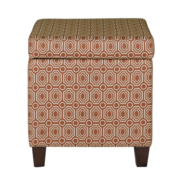 Geometric Patterned Square Wooden Ottoman with Lift Off Lid Storage, Orange and Cream - Benzara